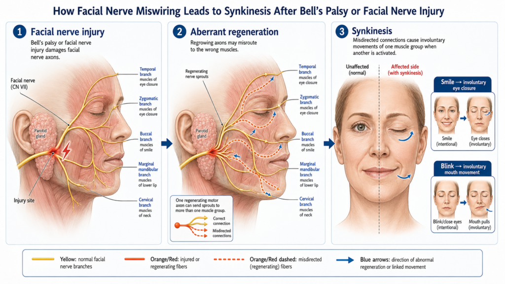 Diagram illustrating how facial nerve miswiring leads to synkinesis after Bell's palsy or facial nerve injury
