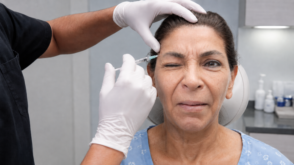 Medical professional administering Botox injection to a patient's face to address facial synkinesis