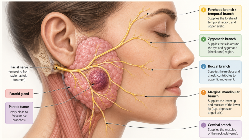 anatomical illustration of facial nerve and parotid