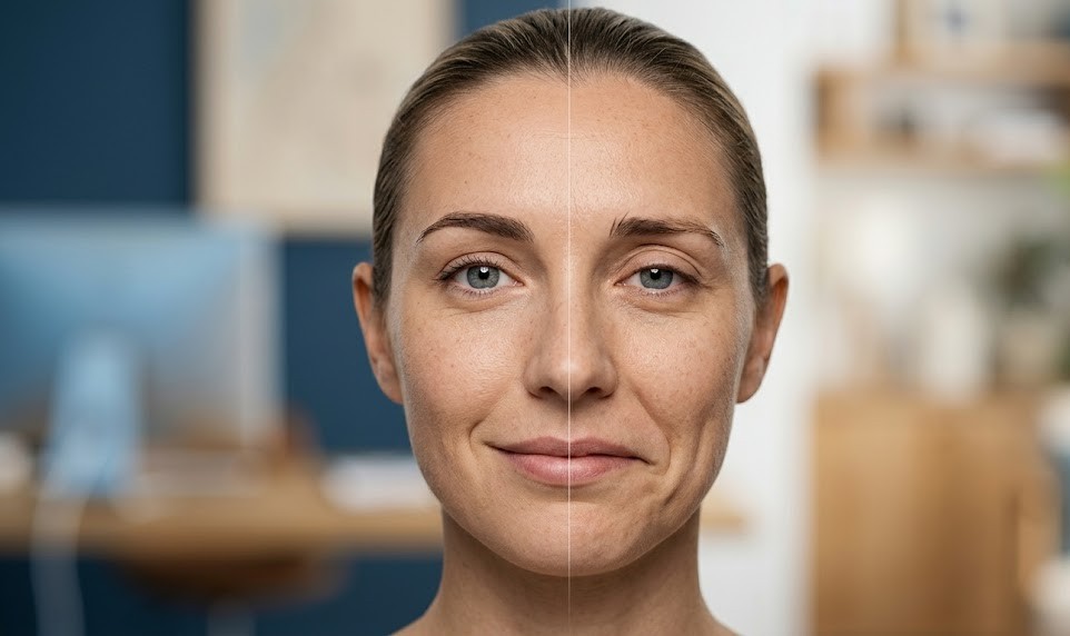 Woman with facial asymmetry from Bell’s Palsy showing drooping mouth and partial eyelid closure. I