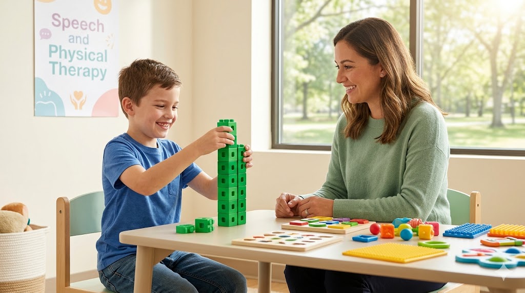 Child stacking blocks with a therapist during therapy session