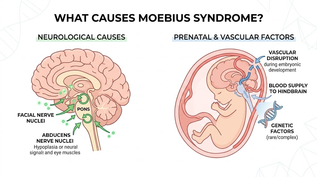 Infographic showing neurological and prenatal causes of Moebius Syndrome