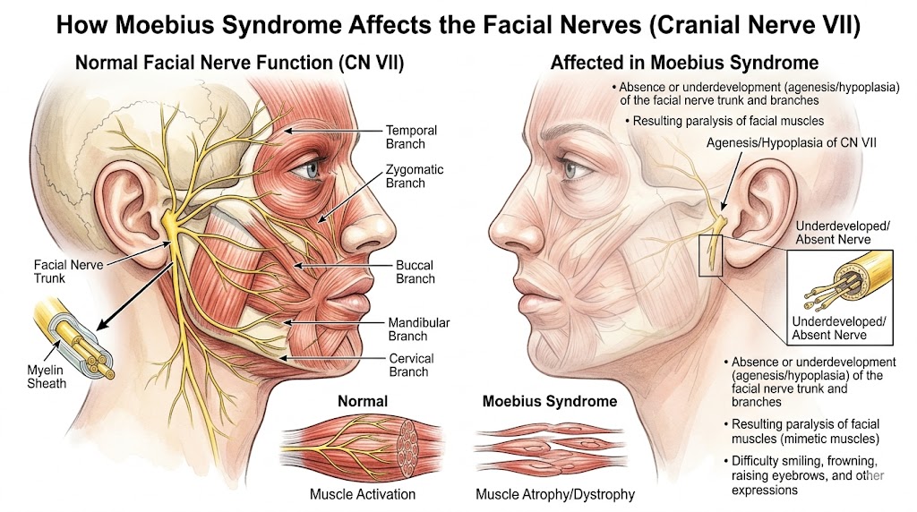 Illustration of normal facial nerves versus Moebius Syndrome facial paralysis