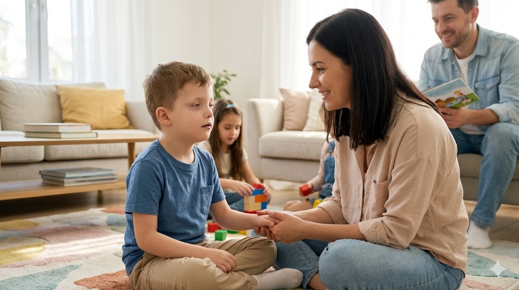 Mother holding the hand of a child with Moebius Syndrome in a family living room