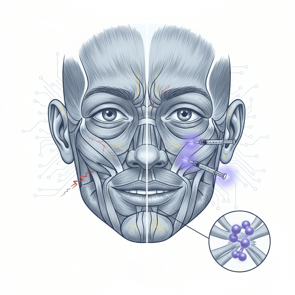 Anatomical image of face with facial paralysis with botox helping it out