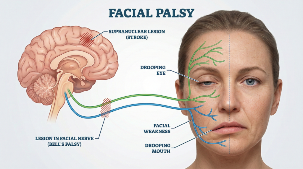 Medical illustration showing the facial nerve pathway and areas affected by facial paralysis